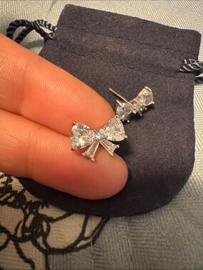Sparkling Bow Cubic Zirconia Stud Earrings - Silver Tone -